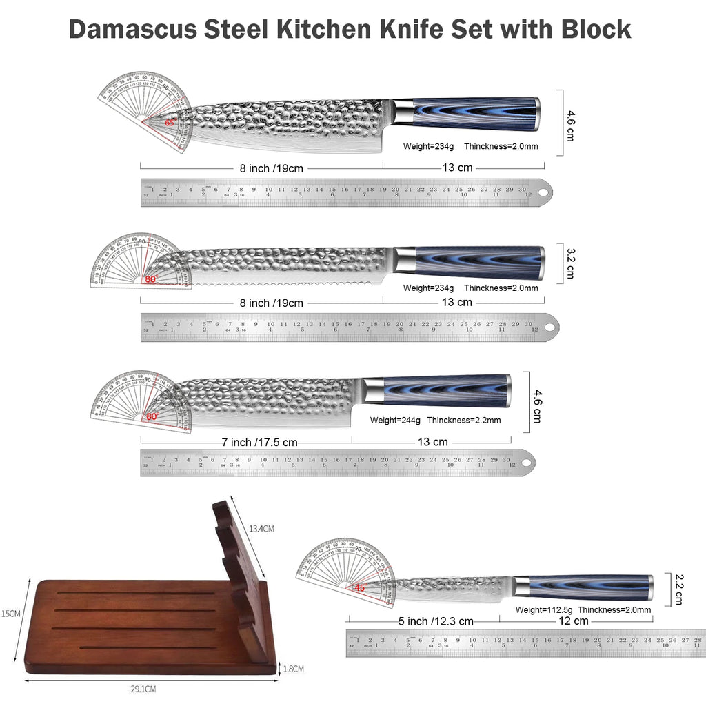 XITUO 5-Piece Damascus Chef Knife Set with Wooden Block Chef Knife Set Axl