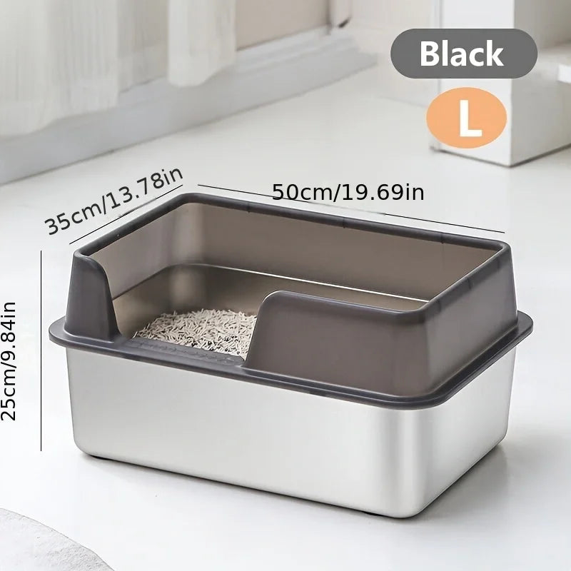 Extra Large Stainless Steel Cat Litter Box – High Wall & Lid Cat Litter Box Axl Black L