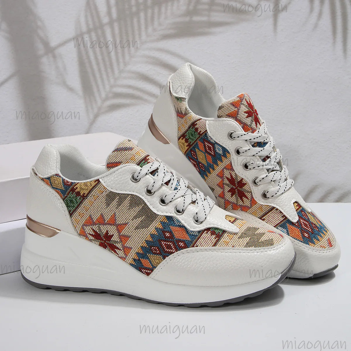 Women's Bohemian Wedge Platform Sneakers – Geometric Pattern Platform Wedge Sneakers Axl