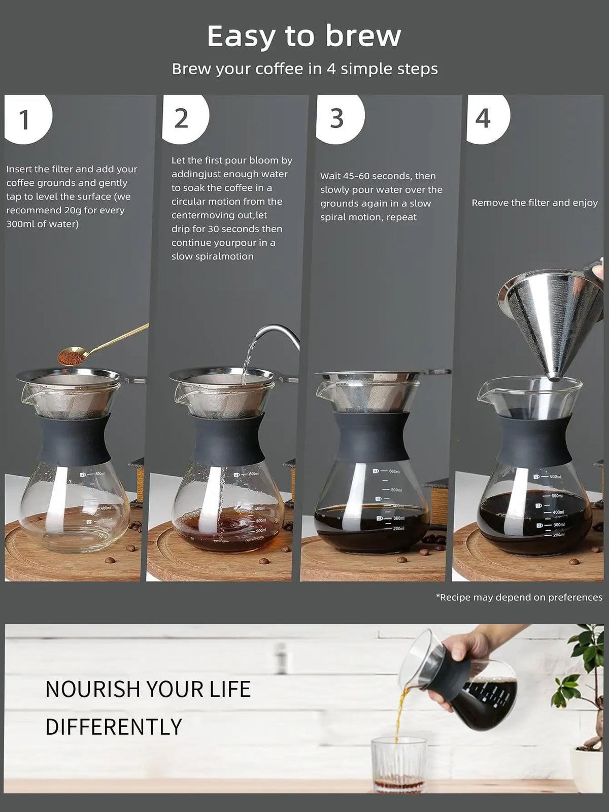Pour Over Coffee Maker – Borosilicate Glass & Steel Filter Pour Over Coffee Maker Axl