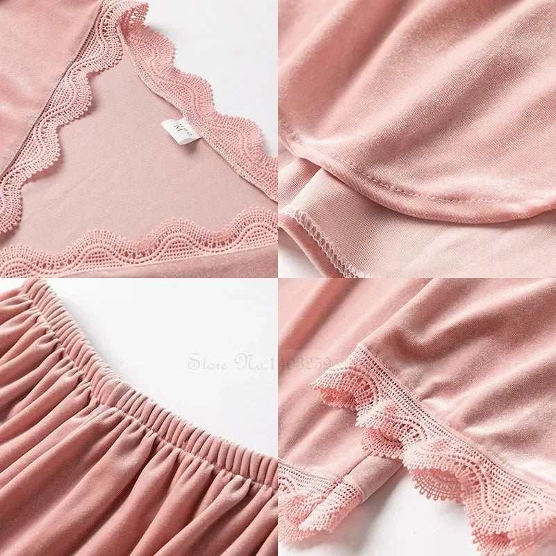 Women's Velvet Pajama Set – Long Sleeve Lace Trim Sleepwear Velvet Pajama Set Axl