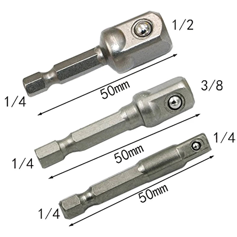 3-Piece Drill Socket Adapter Set – 1/4, 3/8 & 1/2 Hex Shank Drill Socket Adapter Axl