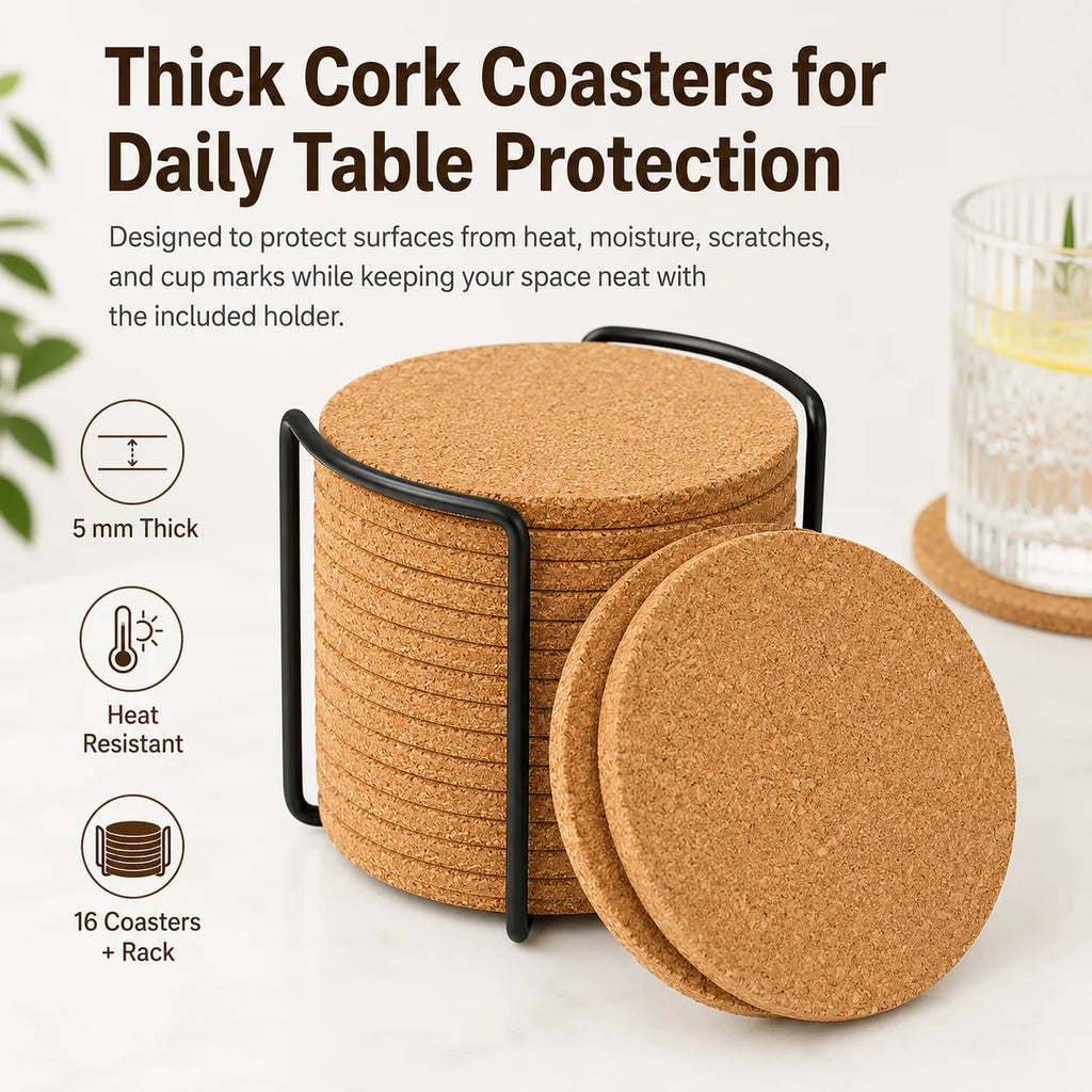 16-Pack Natural Cork Coasters with Holder – Heat Resistant Cork Coaster Set Axl