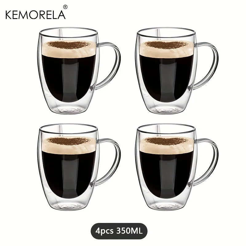 KEMORELA 350ml Double Wall Glass Coffee Mugs | Set of 2/4/6 Glass Coffee Mugs Axl 4PCS 350ml