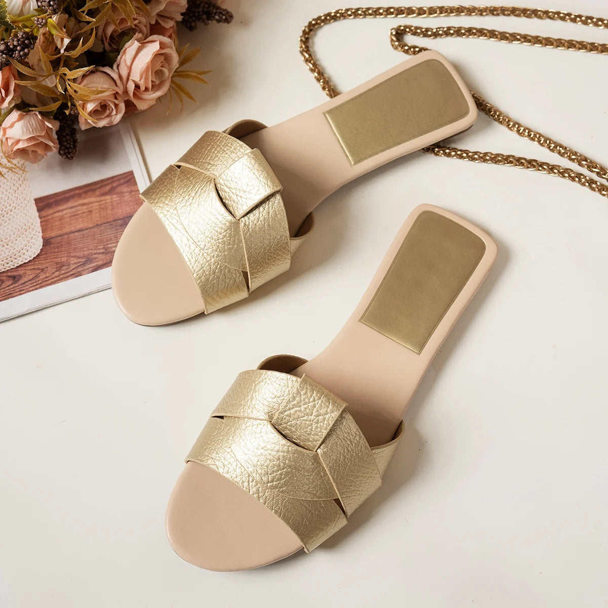 Women's Summer Flat Slippers – Solid Color Fashion Outdoor Shoe Women's Slippers Axl 39 Gold