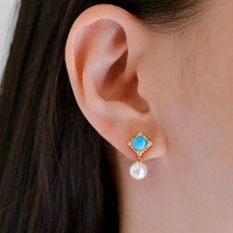 Huitan Vintage Blue Pearl Dangle Earrings for Women Pearl Dangle Earrings Axl
