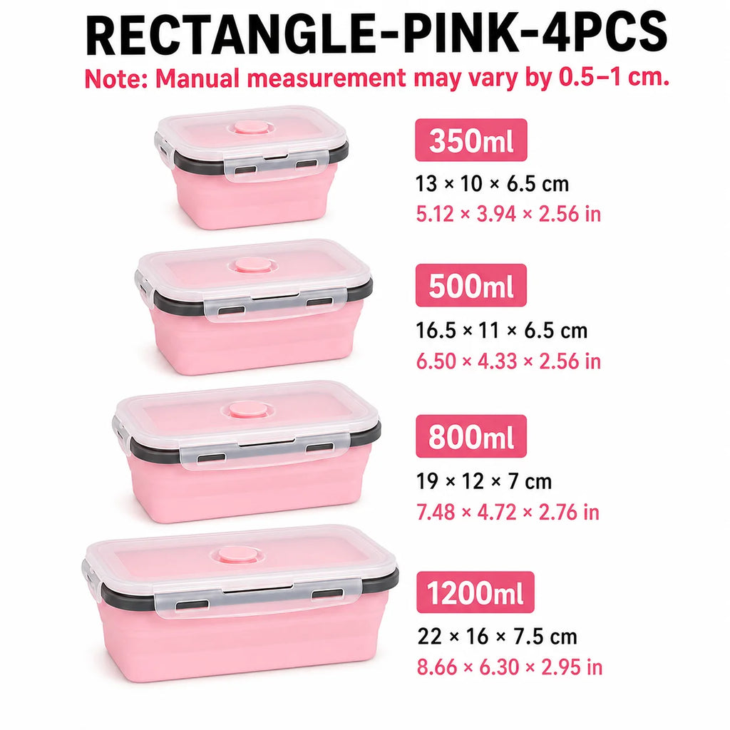 Uwhise 4-Size Collapsible Silicone Bento Lunch Box Set Silicone Food Containers Axl Rectangle-Pink-4Pcs