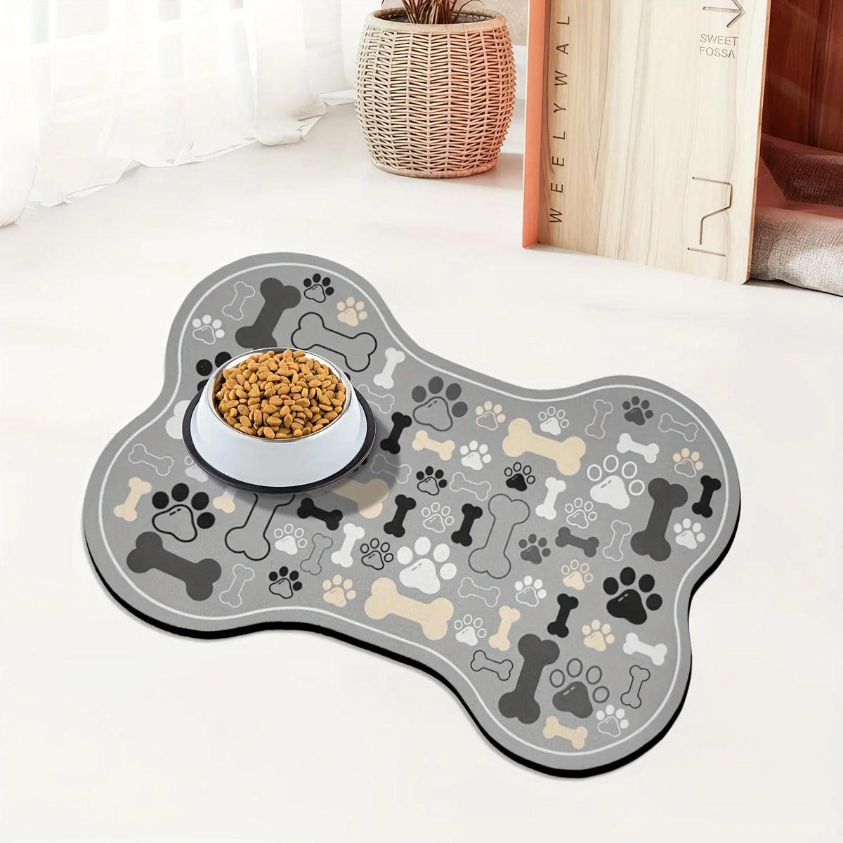 Non-Slip Quick-Dry Dog Feeding Mat | Paw Print Pet Bowl Pad Pet Feeding Mat Axl Grey-30x50cm-1pc