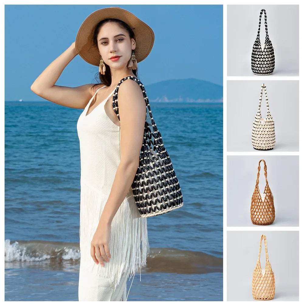 Women's Woven Wooden Bead Tote Bag – Hollow-Out Bucket Shoulder Woven Tote Bag Axl