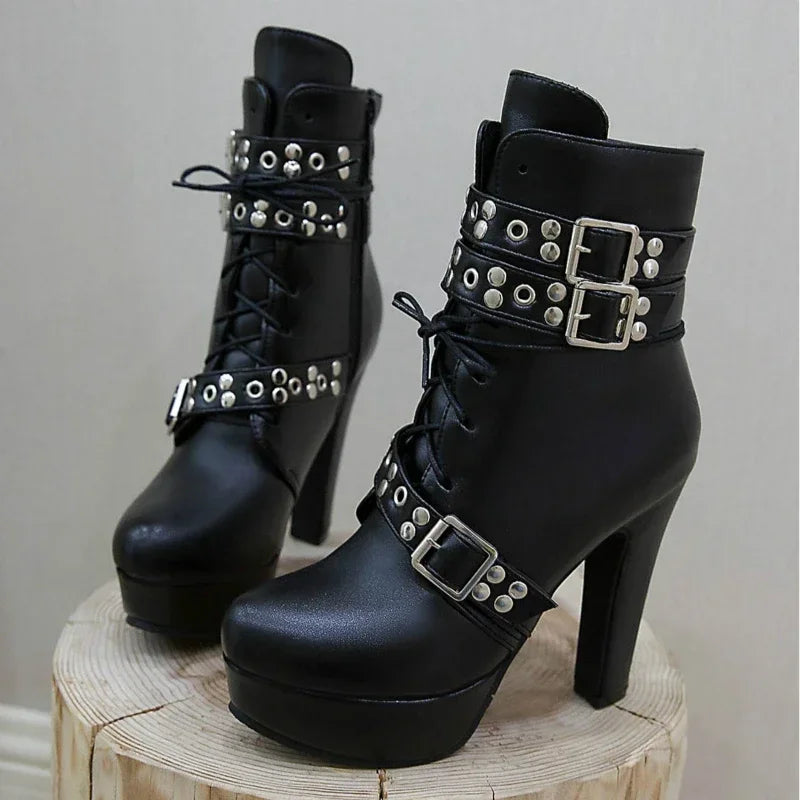 Women's Platform Ankle Boots – Square High Heel Zip Buckle Platform Ankle Boots Axl