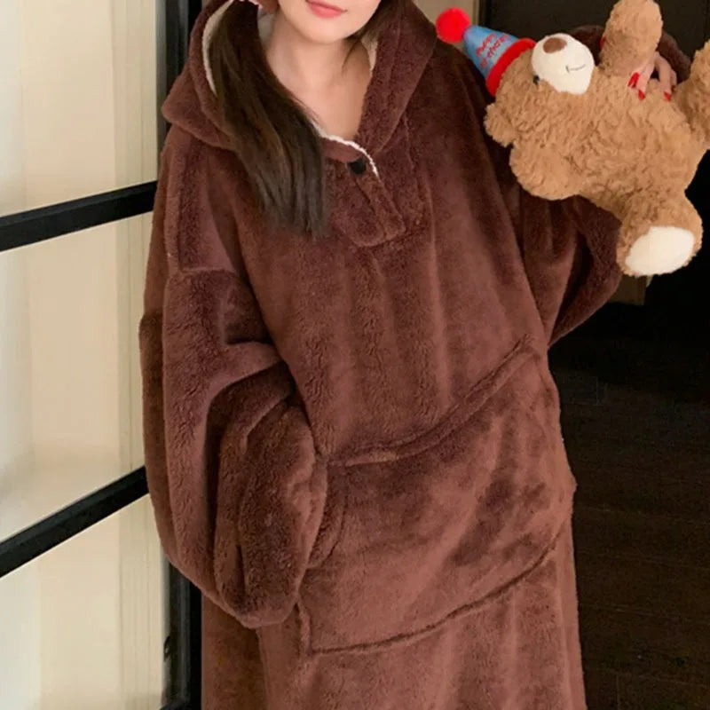 Women's Flannel Hooded Nightgown – Warm Padded Winter Homewear Flannel Nightgown Axl