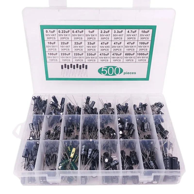 500pcs Electrolytic Capacitor Kit – 24 Values 0.1uF–1000uF DIP Capacitor Assortment Kit Axl Default Title