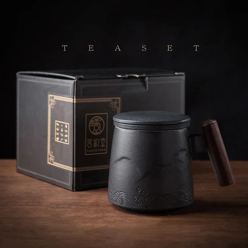 Vintage Ceramic Tea Mug with Wooden Handle, Strainer & Lid Ceramic Tea Mug Axl 301-400ml Style E