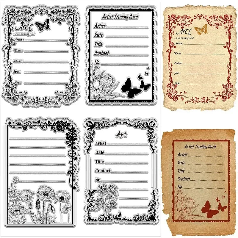 ATC Frames Clear Stamp – Vintage Butterfly & Flowers Journaling Clear Silicone Stamp Axl