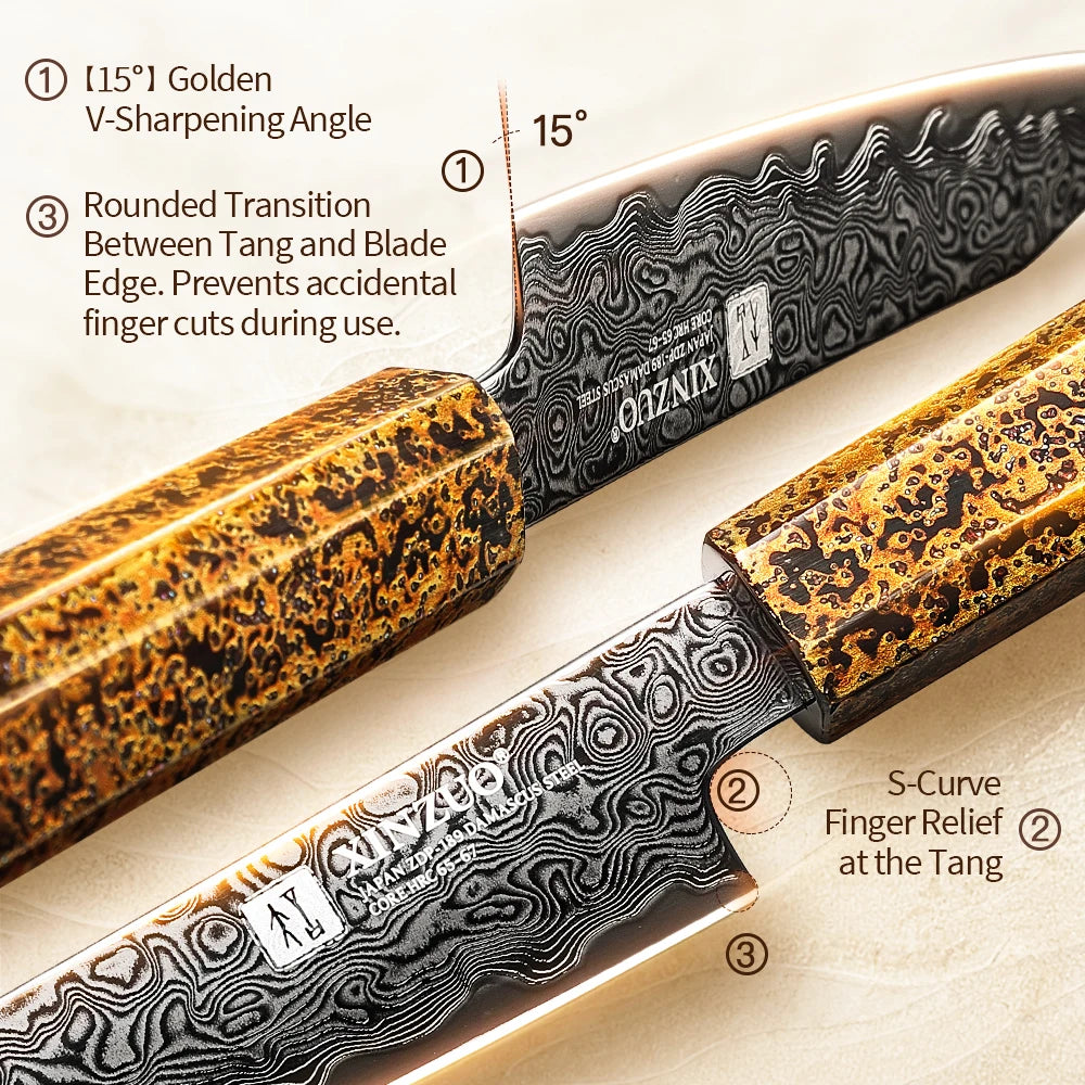 XINZUO 5.2" ZDP-189 Damascus Utility Knife with Wood Box Damascus Utility Knife Axl