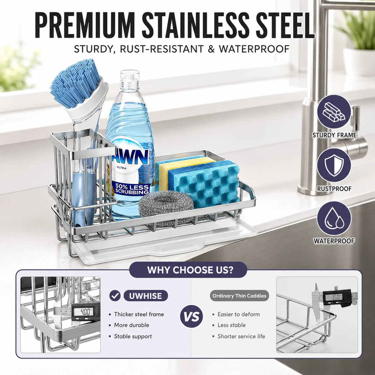 Stainless Steel Sink Caddy & Sponge Holder with Drain Tray Sink Caddy Organizer Axl
