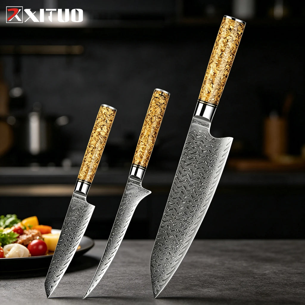 XITUO Damascus Steel Knife Set 1–5 PCS | Chef & Kitchen Knives Damascus Knife Set Axl 3PCS Knife B