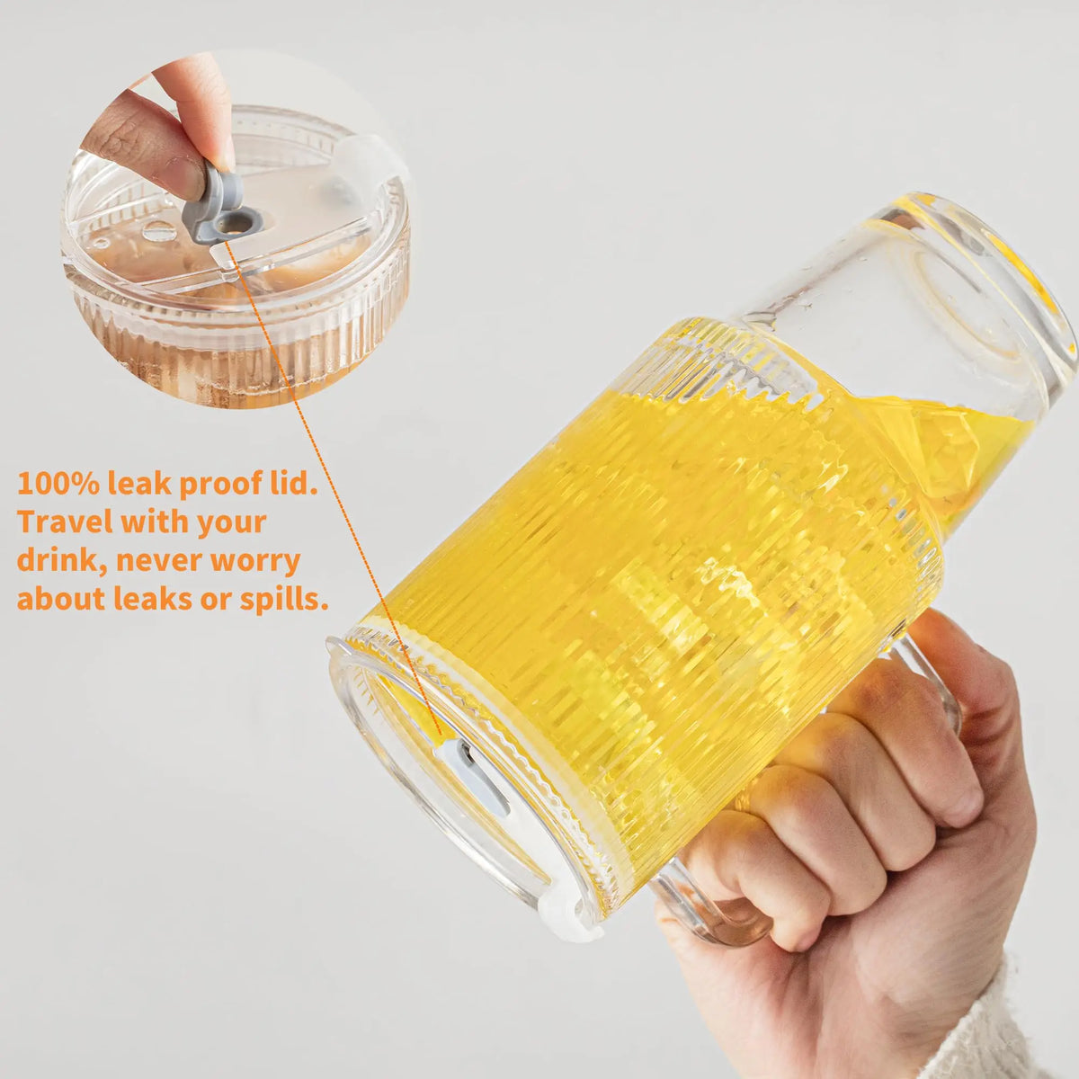 KEMORELA 700ml Striped Glass Cup with Lid, Straw & Handle Glass Drinking Cup Axl