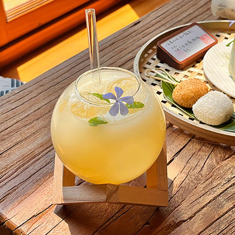 Round Ball Cocktail Glass with Wood Stand | Creative Bar Tumbler Cocktail Glass Axl