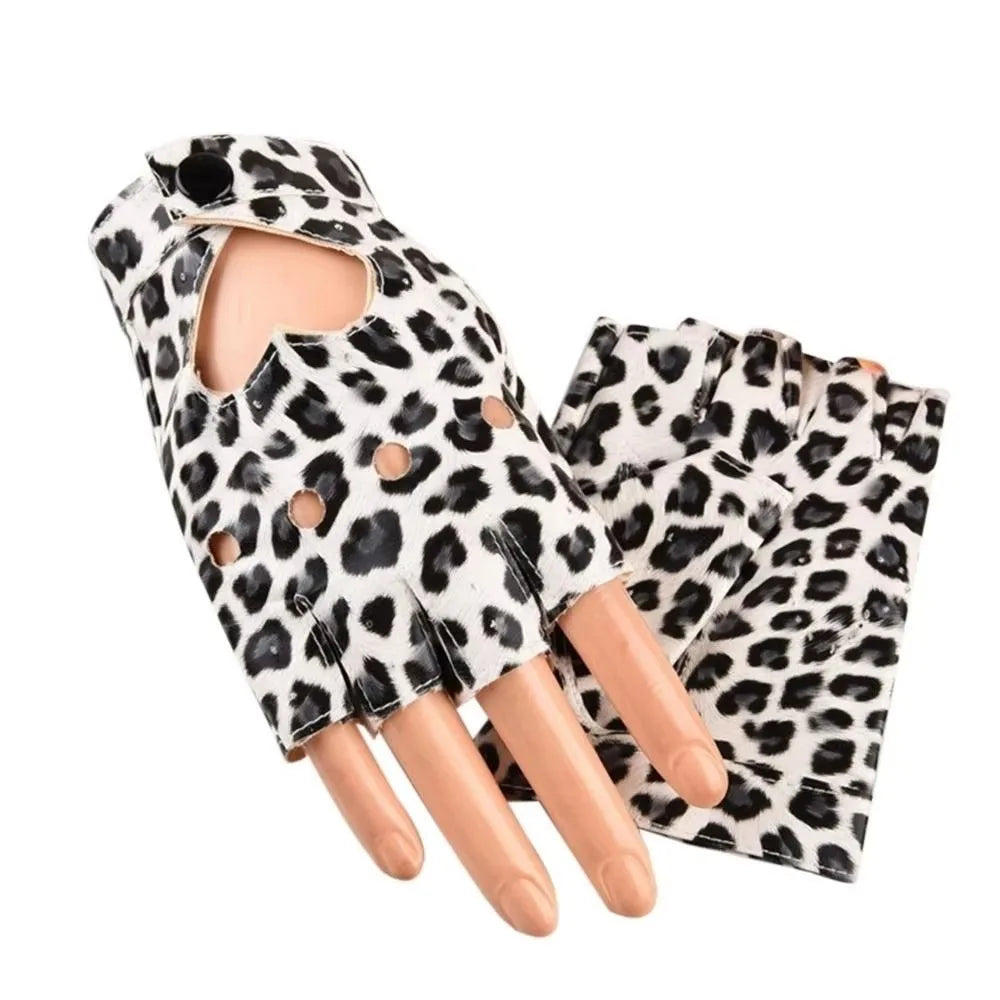 Y2K Punk PU Leather Fingerless Gloves | Heart Hollow Half Finger Fingerless Fashion Gloves Axl Leopard Print