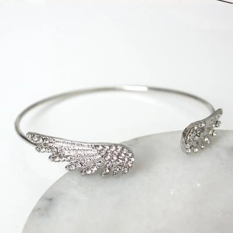 Angel Wings Silver Open Bangle Bracelet – Adjustable Women's Cuff Bangle Bracelet Axl