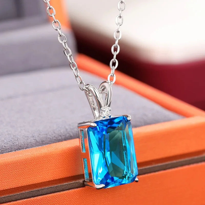 Huitan Blue CZ Square Pendant Necklace | Women's Wedding Jewelry Pendant Necklace Axl