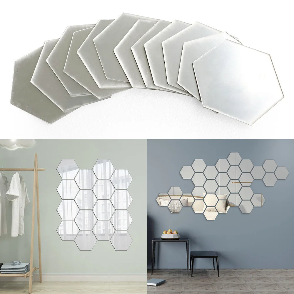 12-Pc 3D Hexagon Acrylic Mirror Wall Stickers | Gold & Silver Mirror Wall Stickers Axl