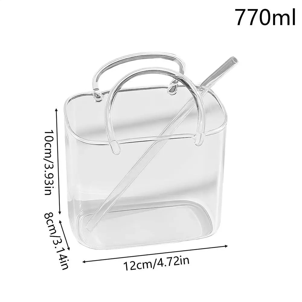 770ml Tote Bag Glass Cup with Straw – Cute Novelty Drinkware Novelty Glass Cup Axl Clear 700ml
