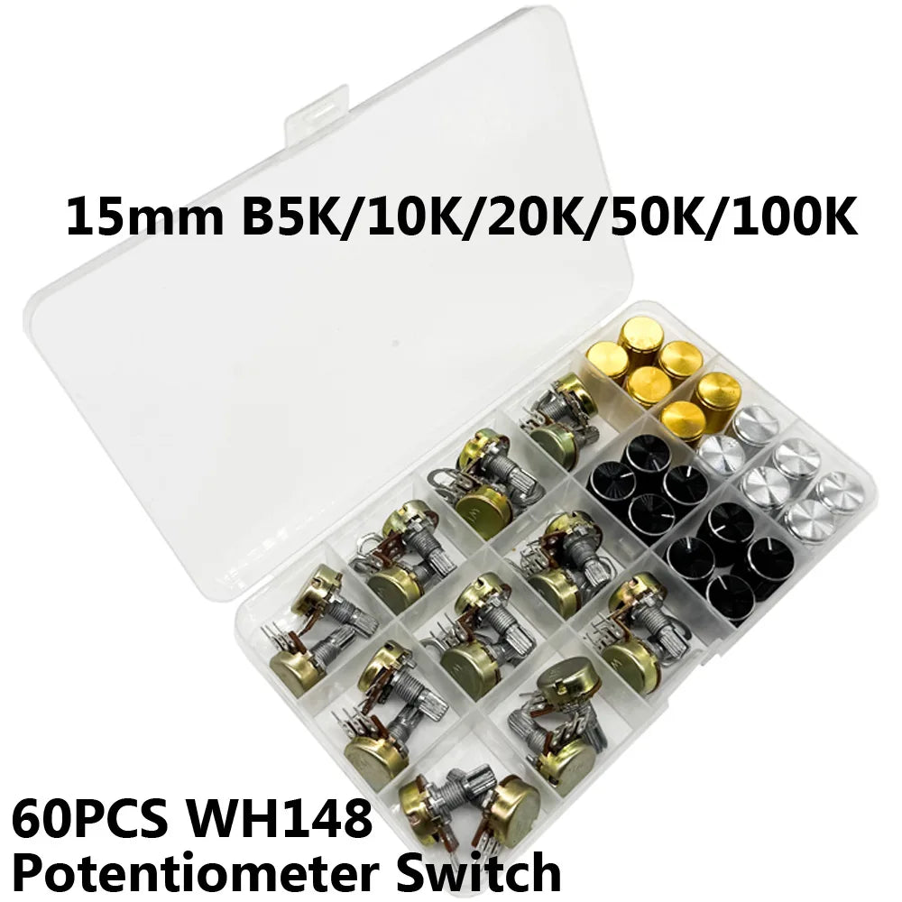 60PCS WH148 Rotary Potentiometer Kit 3-Pin 15mm B5K–100K Rotary Potentiometer Kit Axl