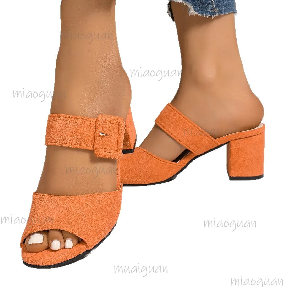 Women's Peep Toe Heeled Sandals – Buckle Square Heel Plus Size Heeled Sandals Axl