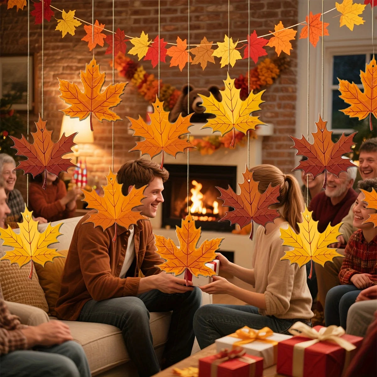 Autumn Maple Leaf Garland – Rustic Paper Hanging Decorations Seasonal Garland Decor Axl