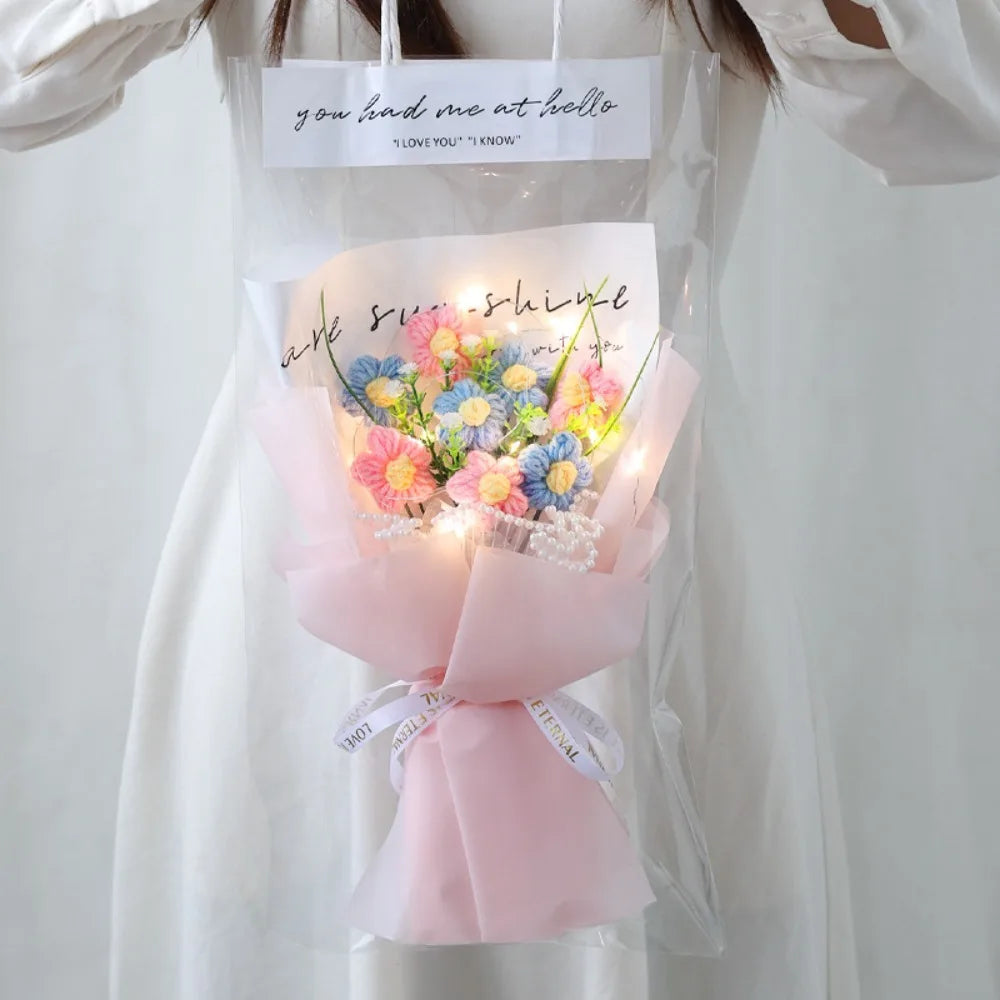 Hand Knitted Crochet Flower Bouquet with LED Lights – Eternal Artificial Flower Bouquet Axl Pink