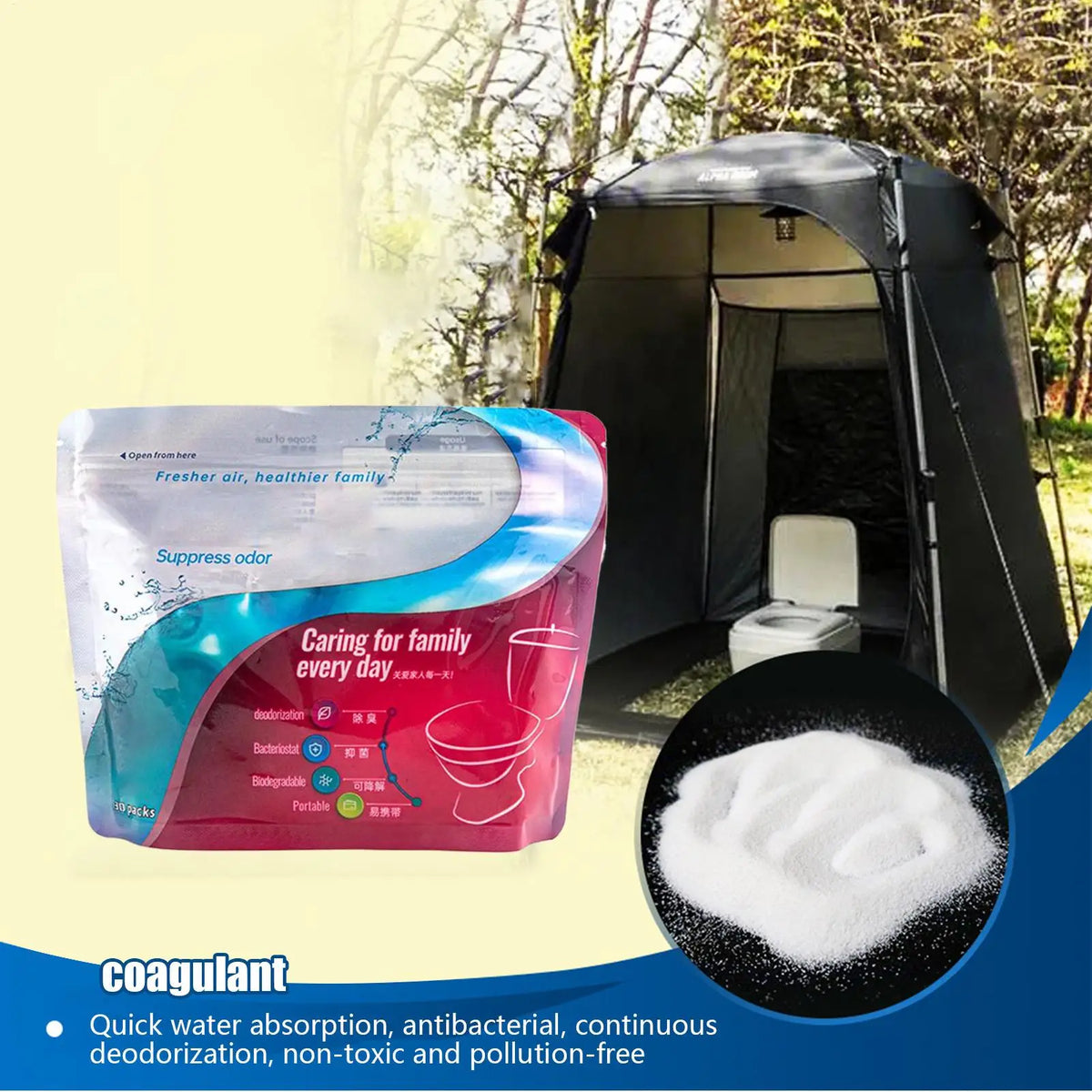 Portable Toilet Absorbent Gel Powder – 30pc Camping Kit Camping Toilet Powder Axl
