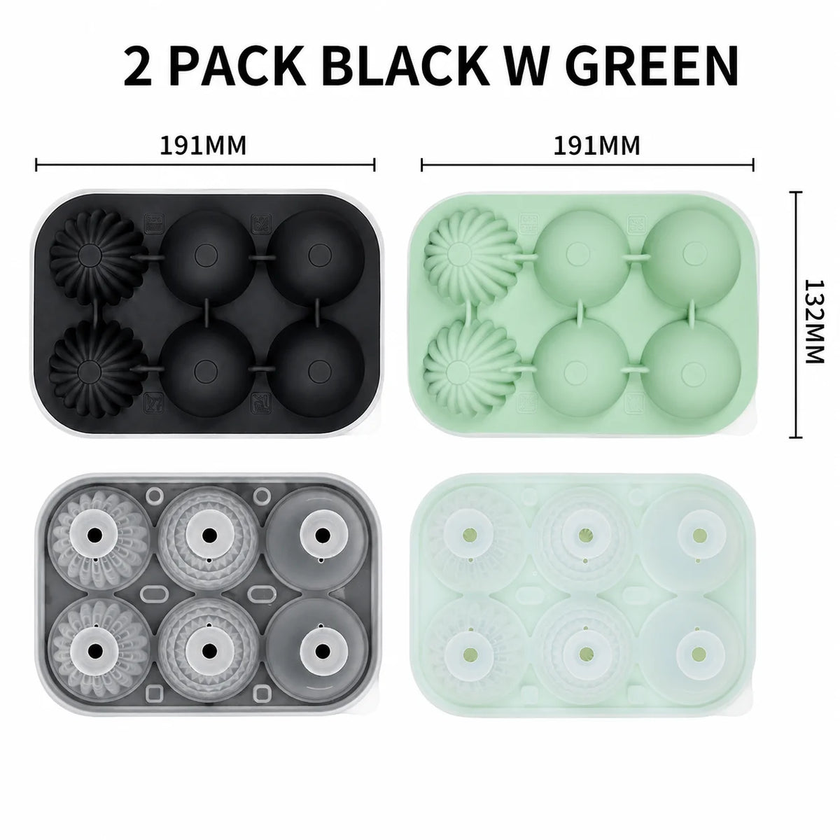 Large Whiskey Ice Ball Mold – 6 Cavity Sphere & Diamond Silicone Silicone Ice Ball Mold Axl 2 Pack Black w Green