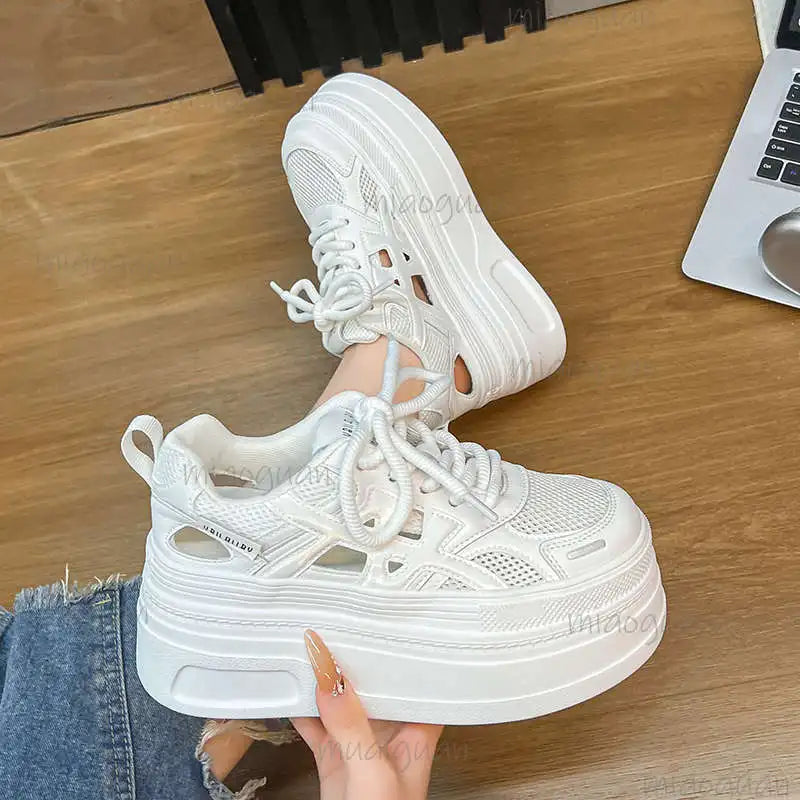 Women's Mesh Hollow Thick Sole Lace-Up Platform Sneakers Platform Sneakers Axl