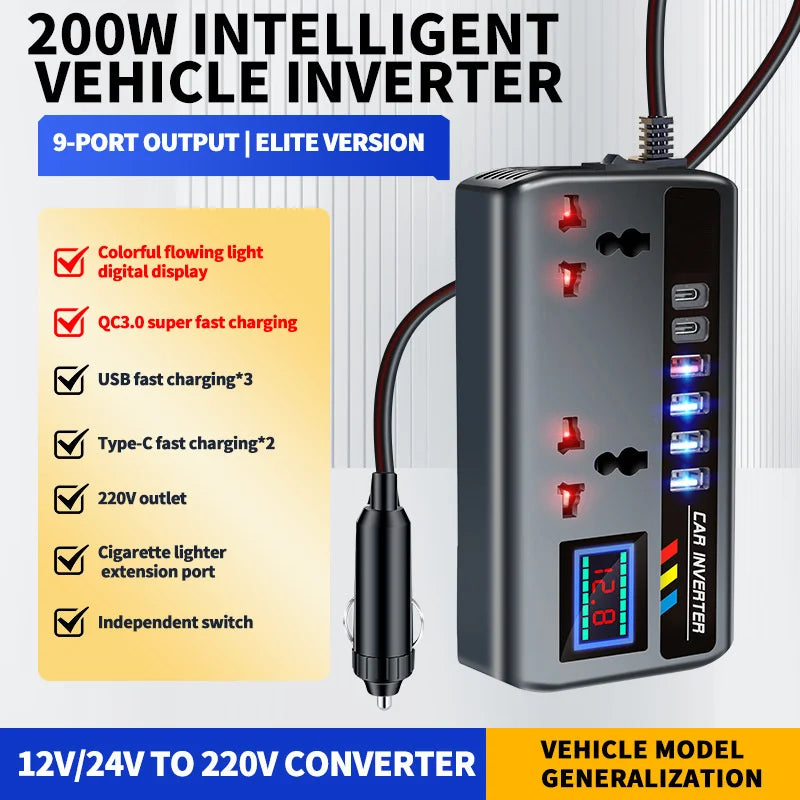 200W Car Power Inverter 9-in-1 | PD, QC3.0, USB-C & AC 220V Car Power Inverter Axl havedisplay-1pcs