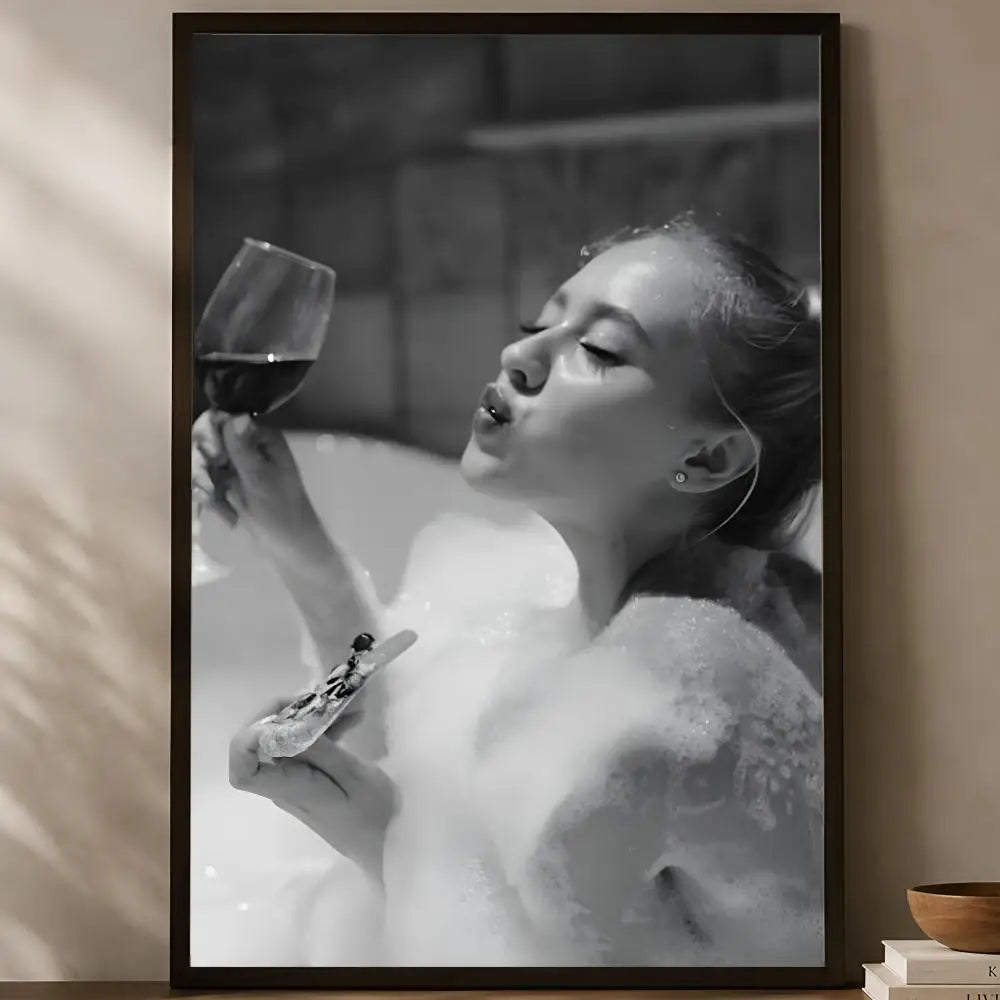Woman Drinking Wine in Bathtub Poster – HD Self-Stick Wall Art Wall Art Poster Axl White04 50X70cmNoframe
