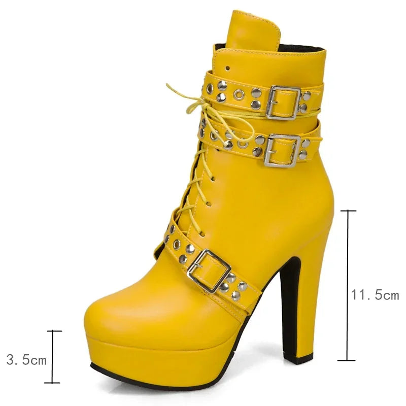 Women's Platform Ankle Boots – Square High Heel Zip Buckle Platform Ankle Boots Axl
