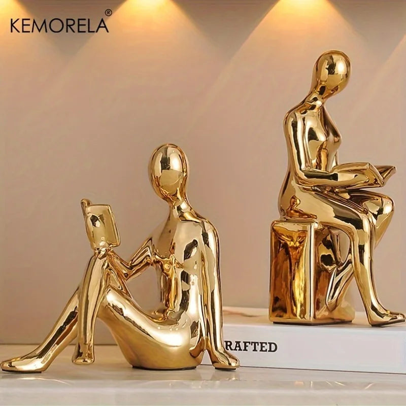 KEMORELA Ceramic Reading Figure Statues Set of 2 | Home Decor Decorative Figurine Set Axl