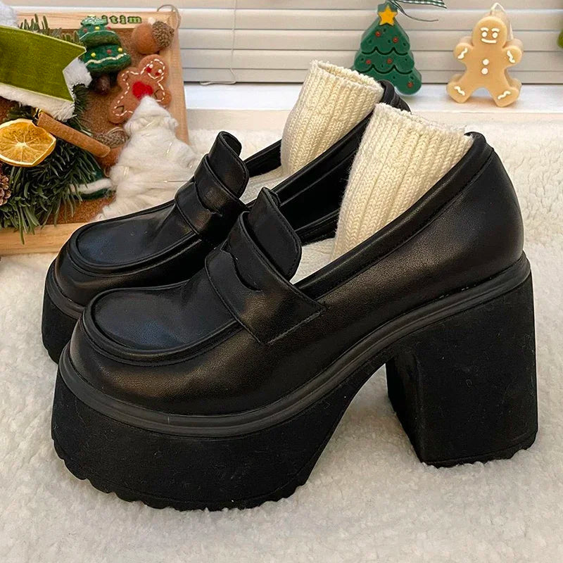 Retro Mary Jane Platform Heels – Women's Thick Sole Pumps Platform Loafer Heels Axl 40 Black matte