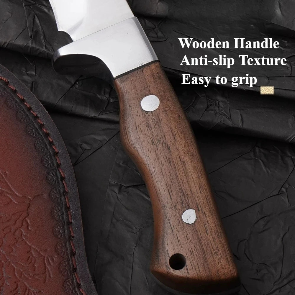 Fixed Blade Butcher Knife – Carbon Steel, Wood Handle & Sheath Fixed Blade Kitchen Knife Axl