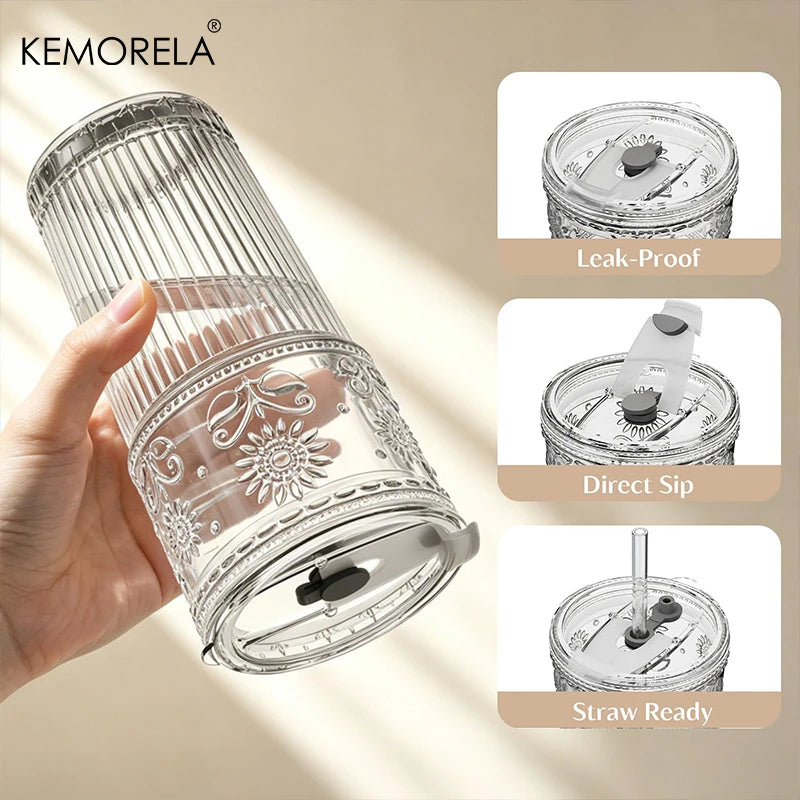 KEMORELA 590ml Sunflower Glass Cups with Lids & Straws Glass Drinkware Set Axl