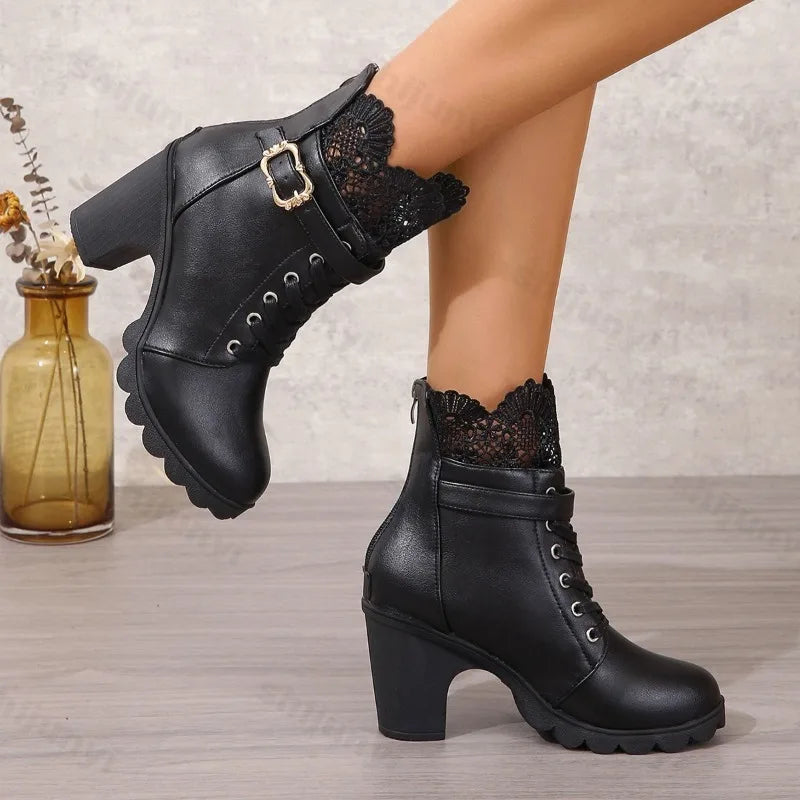 Women's Retro Buckle Lace Ankle Boots | Square Thick Heel Women's Ankle Boots Axl