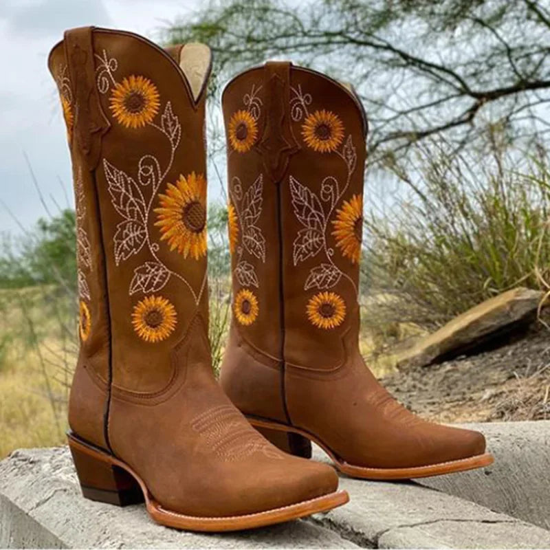 Women's Embroidered Knee-High Winter Boots | Brown Slip-On Knee-High Boots Axl