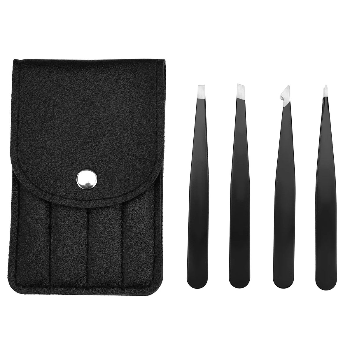 Precision Stainless Steel Eyebrow Tweezers Set – Slant & Flat Tip Eyebrow Tweezers Set Axl 4Set with leather ca