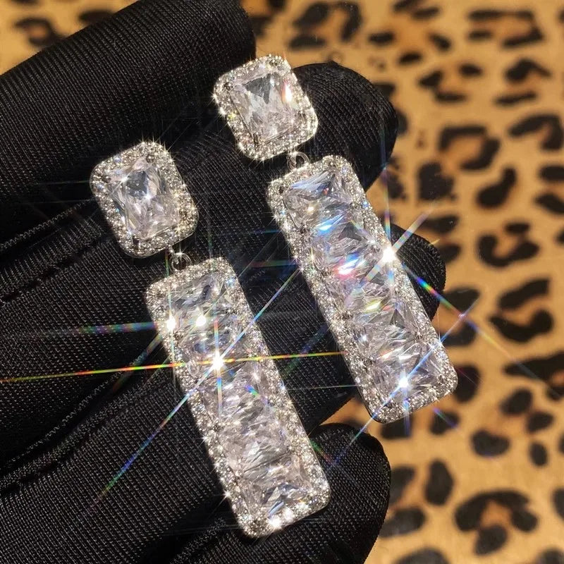 Huitan Geometric Crystal CZ Drop Earrings | Sparkling Fashion Crystal Drop Earrings Axl E3611