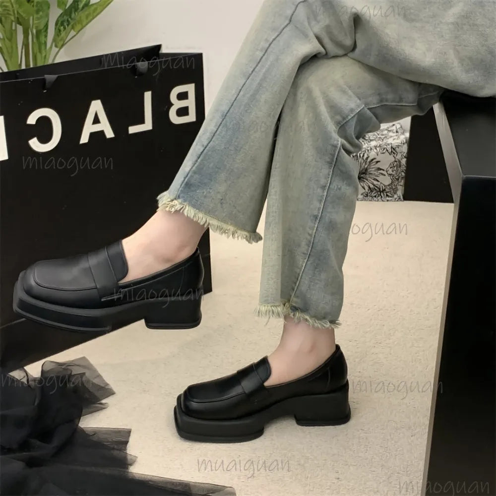 Women's British Retro Square Toe Slip-On Loafer Pumps Women's Loafer Pumps Axl