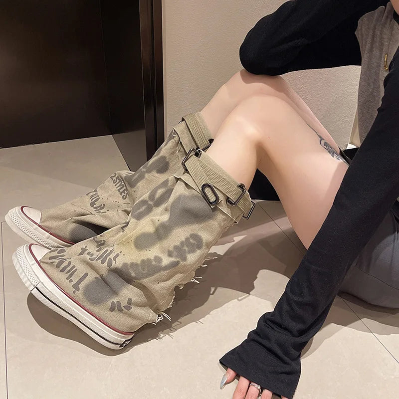 Women's Canvas Flat Cowboy Boots – Knee-High Slip-On Punk Style Knee-High Boots Axl