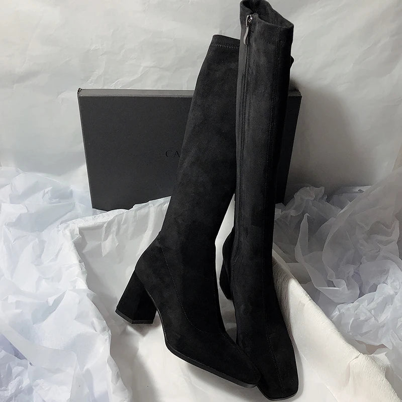 Women's Knee-High Boots | Square Toe Block Heel Side Zipper Knee-High Boots Axl black 40