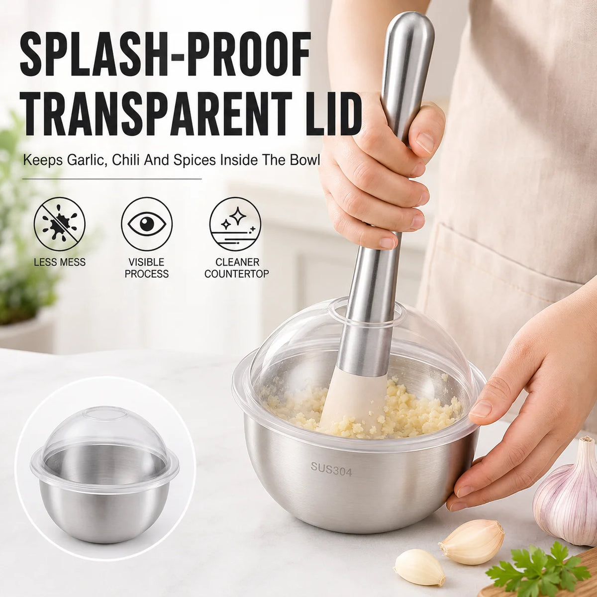 Stainless Steel Mortar & Pestle Set with Splash Guard Lid Mortar & Pestle Set Axl